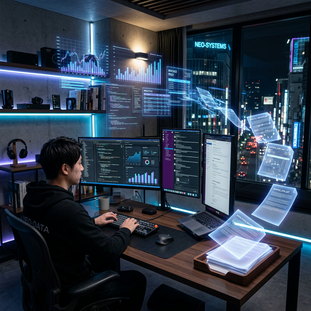 Developer desk visualizing the automation of HTML to PDF documents like invoices and lab reports