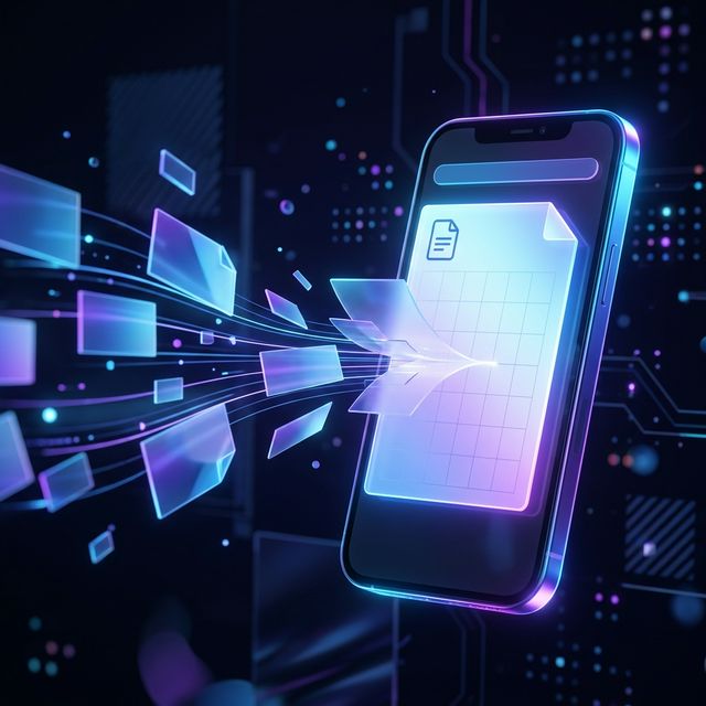 A sleek 3D smartphone screen illuminating a clean, ad-free PDF digital paper in vibrant blue and purple Glassmorphism style