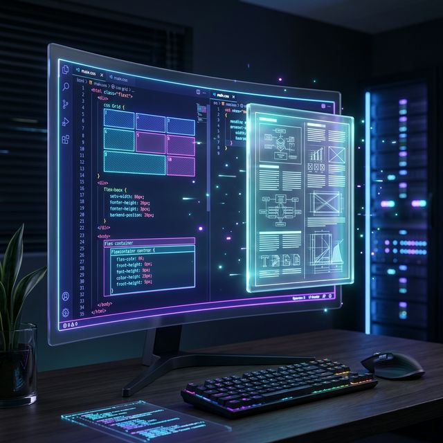 A high-tech developer workspace showing modern CSS grid code and a pixel-perfect holographic PDF document, styled in dark mode with neon accents