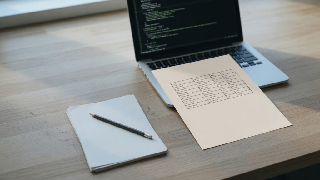 A laptop beside a printed page, the screen too soft to read