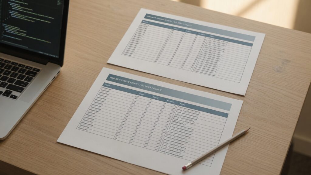 Printed pages of a table kept whole, with the header repeated on the next sheet