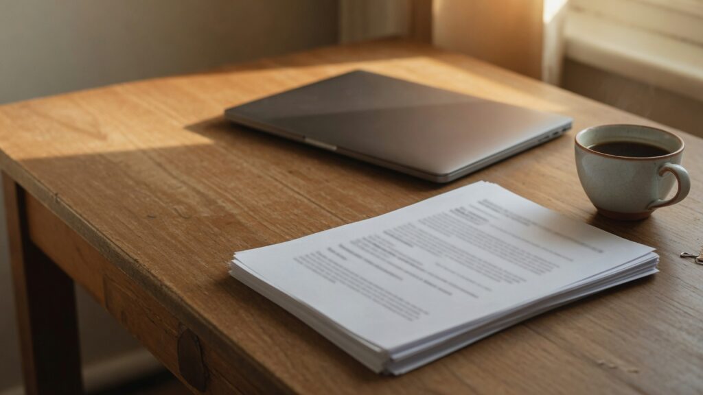 A closed laptop, a cup of coffee, and a stack of printed pages on a wooden desk