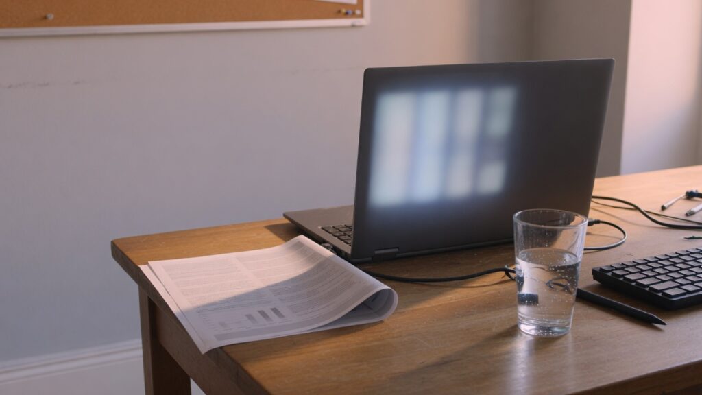 An open laptop with an unreadable screen, a glass of water, and a curled printed page