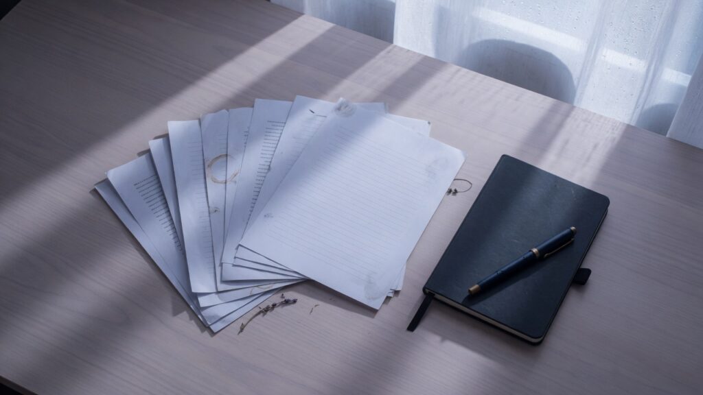 Printed pages fanned on a desk beside a closed notebook and a pen