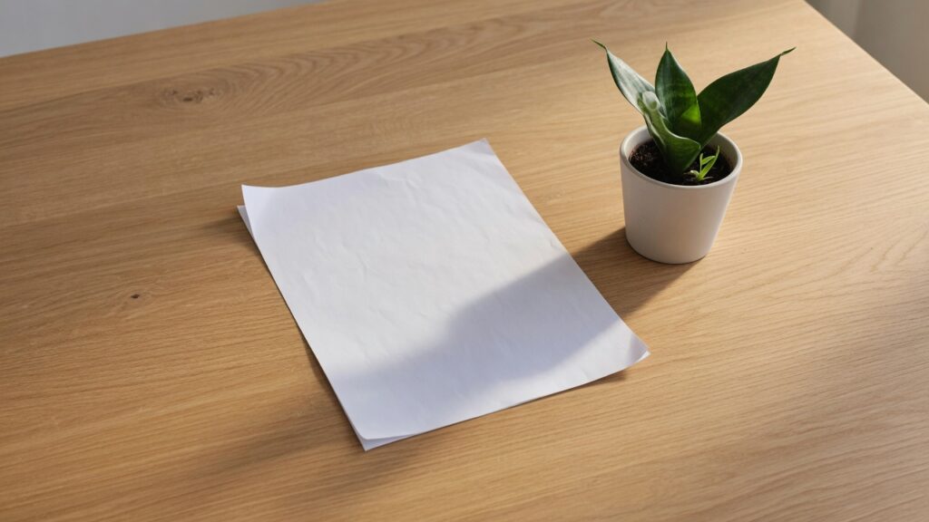 Two blank sheets of paper and a small plant on a wooden table